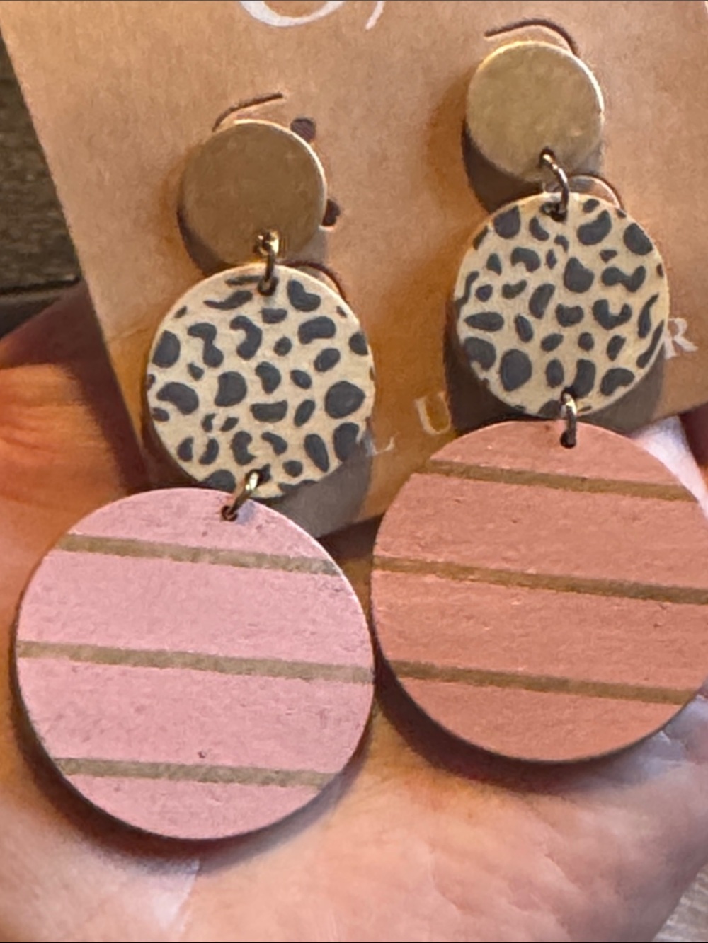 Plunder Pink and Gold Leopard-Accent Dangle Earrings - Picture 6 of 6